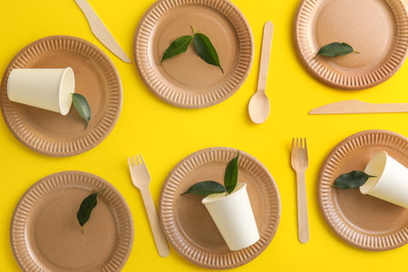 Eco tableware and plant leaves on yellow backgroundの写真素材