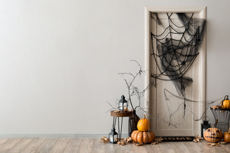 Interior of light hall decorated for Halloween with door and tablesの写真素材