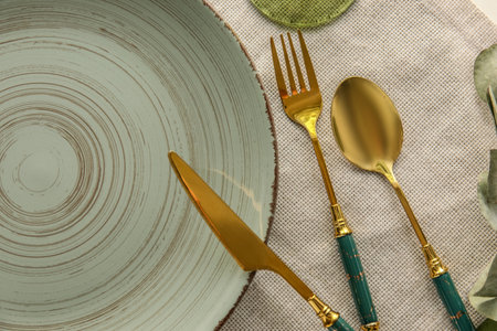 Plate and stylish cutlery on light background, closeupの写真素材