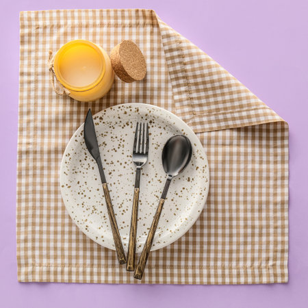 Table setting and candle on color backgroundの写真素材