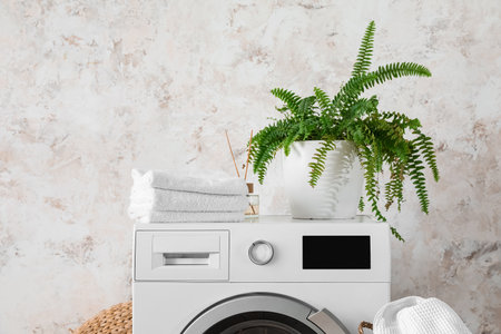 Washing machine with towels and houseplant near light wallの写真素材
