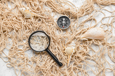Magnifier, compass, seashells and fishnet on light backgroundの写真素材