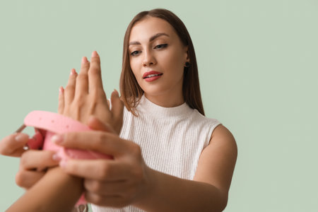 Young woman putting handcuffs from sex shop on her partner against color backgroundの写真素材