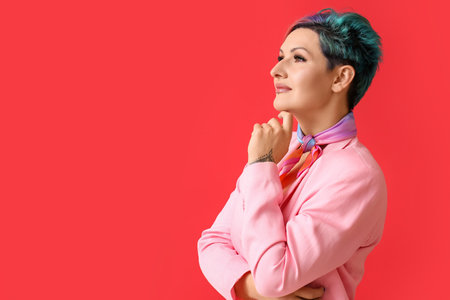 Beautiful woman with unusual hair on color backgroundの写真素材