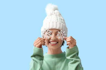 Beautiful young woman with snowflakes on color background
