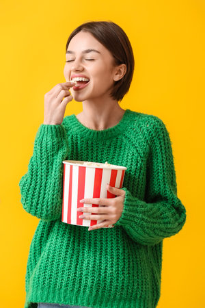 Beautiful young woman with bucket of popcorn on color backgroundの写真素材