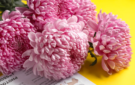 Bouquet of beautiful chrysanthemum flowers on yellow background, closeupの写真素材