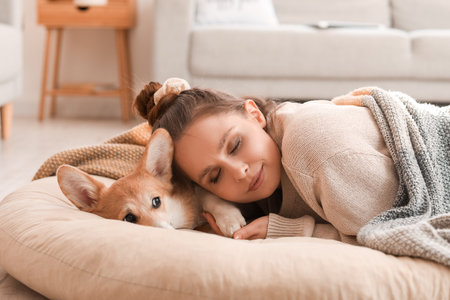 Young woman with cute Corgi dog lying on pouf at homeの写真素材