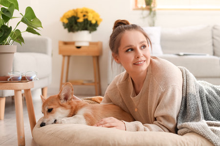 Young woman with cute Corgi dog lying on pouf at homeの写真素材