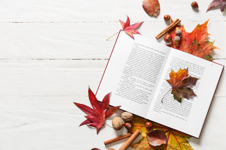 Beautiful autumn composition with open book and natural forest decor on light wooden backgroundの写真素材
