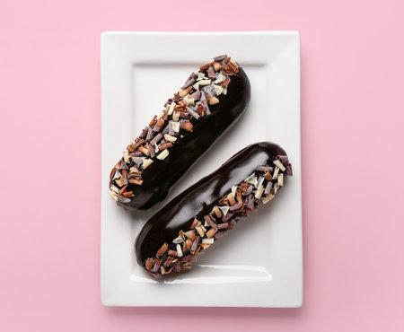 Plate with tasty chocolate eclairs on pink backgroundの写真素材
