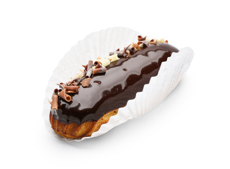 Tasty chocolate eclair on white background