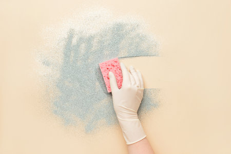 Woman in medical glove wiping surface with pink washing sponge