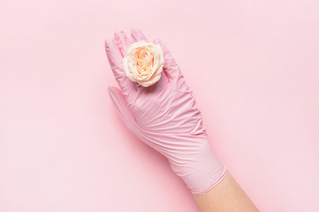 Female hand in medical glove with rose flower on color backgroundの写真素材