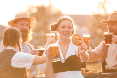 Woman with beer and snack celebrating Octoberfest outdoors