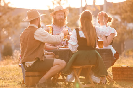 People with beer celebrating Octoberfest outdoorsの写真素材