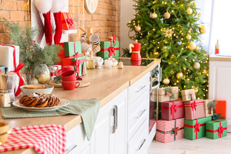 Interior of beautiful modern kitchen with Christmas decorの写真素材