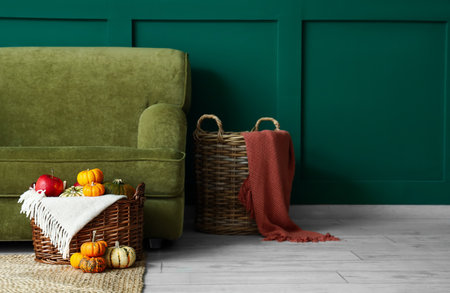 Interior of beautiful living room with autumn decorの写真素材