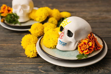 Plates with human skull and flowers on dark wooden table. Mexico's Day of the Dead (El Dia de Muertos)の写真素材