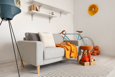 Interior of modern living room with comfortable sofa and lampの写真素材