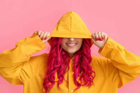 Beautiful woman with bright hair wearing raincoat on color backgroundの写真素材