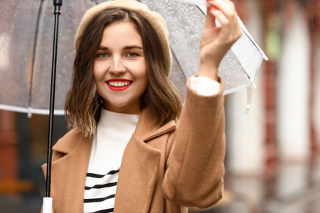 Portrait of fashionable woman with umbrella on rainy dayの写真素材