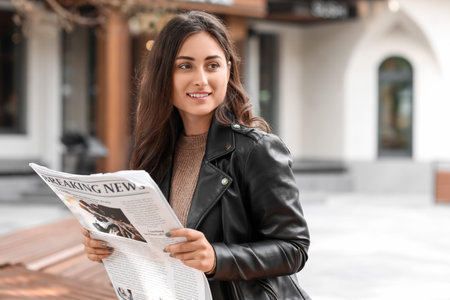 Stylish young woman reading newspaper on bench outdoorsの写真素材