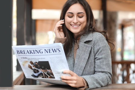 Young woman reading newspaper in street cafeの写真素材