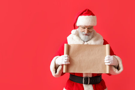 Santa Claus with blank letter on color backgroundの写真素材