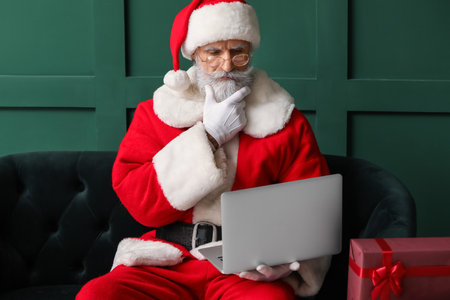 Thoughtful Santa Claus using laptop at home on Christmas eveの写真素材