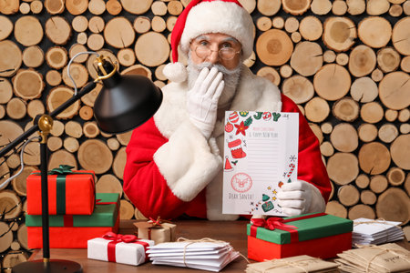 Surprised Santa Claus with empty letter at home on Christmas eveの写真素材
