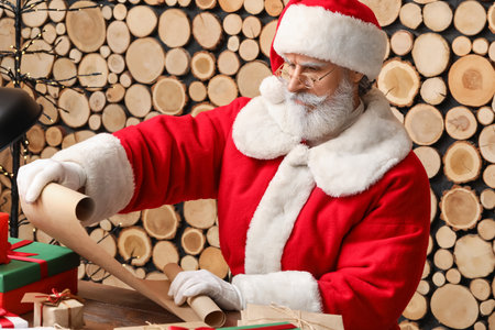 Santa Claus reading wish list at home on Christmas eveの写真素材