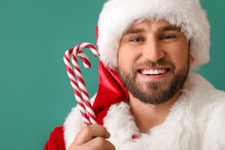 Smiling Santa Claus with candy canes on green background, closeupの写真素材