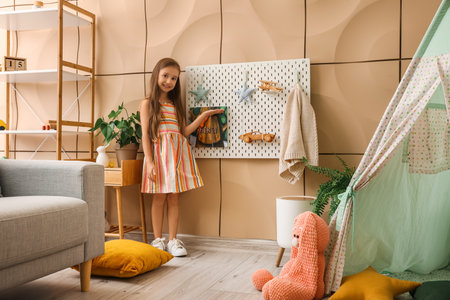 Cute little girl showing hanging peg board on beige wallの写真素材