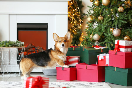 Cute Corgi dog with Christmas gifts at homeの写真素材