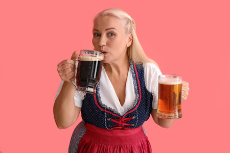 Adorable woman holding mugs with beer on pink background
