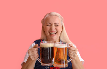 Adorable woman laughing with beer mugs on pink backgroundの写真素材