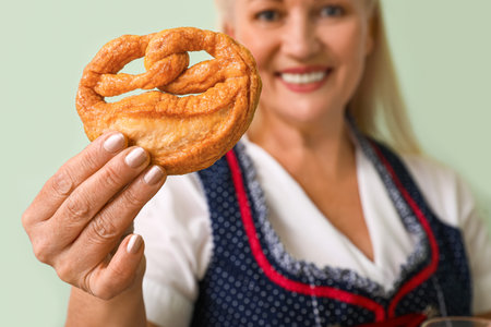 Adorable woman holding pretzel, closeup