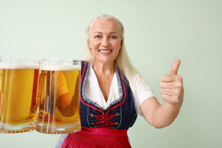 Adorable waitress with big beer mugs on green backgroundの写真素材