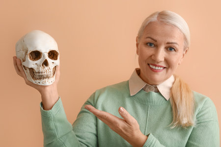 Woman holding human skull on color backgroundの写真素材