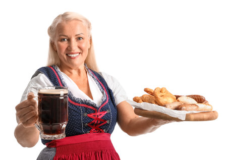 Adorable woman holding plate with food and beer on white backgroundの写真素材