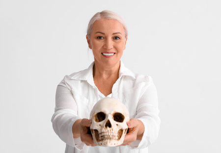 Woman holding human skull on white background