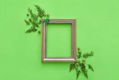 Composition with empty picture frame, thuja leaves and cones on green backgroundの写真素材