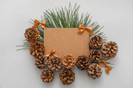 Composition with blank card, pine cones and branches on light backgroundの写真素材