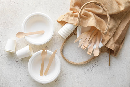 Tote bag with Eco tableware on white backgroundの写真素材