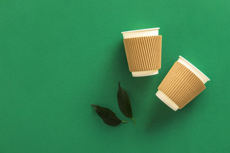 Paper cups and plant leaves on green backgroundの写真素材