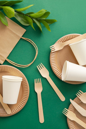 Different Eco tableware, paper bag and plant branch on green backgroundの写真素材