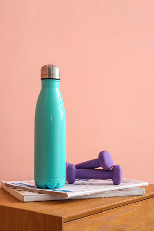 Bottle of water, magazines and dumbbells on table near color wall