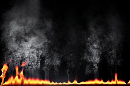 Burning flame with smoke on black backgroundの写真素材