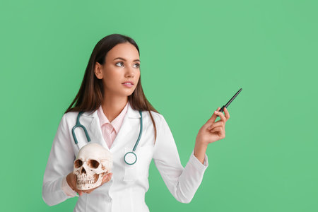 Female doctor with human skull showing something on color backgroundの写真素材